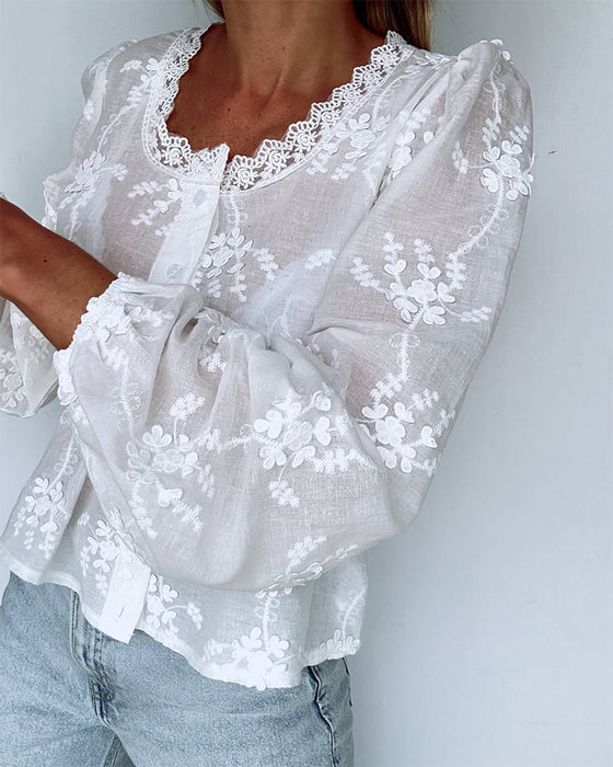 Bluse Spitze Haken Laternenärmel