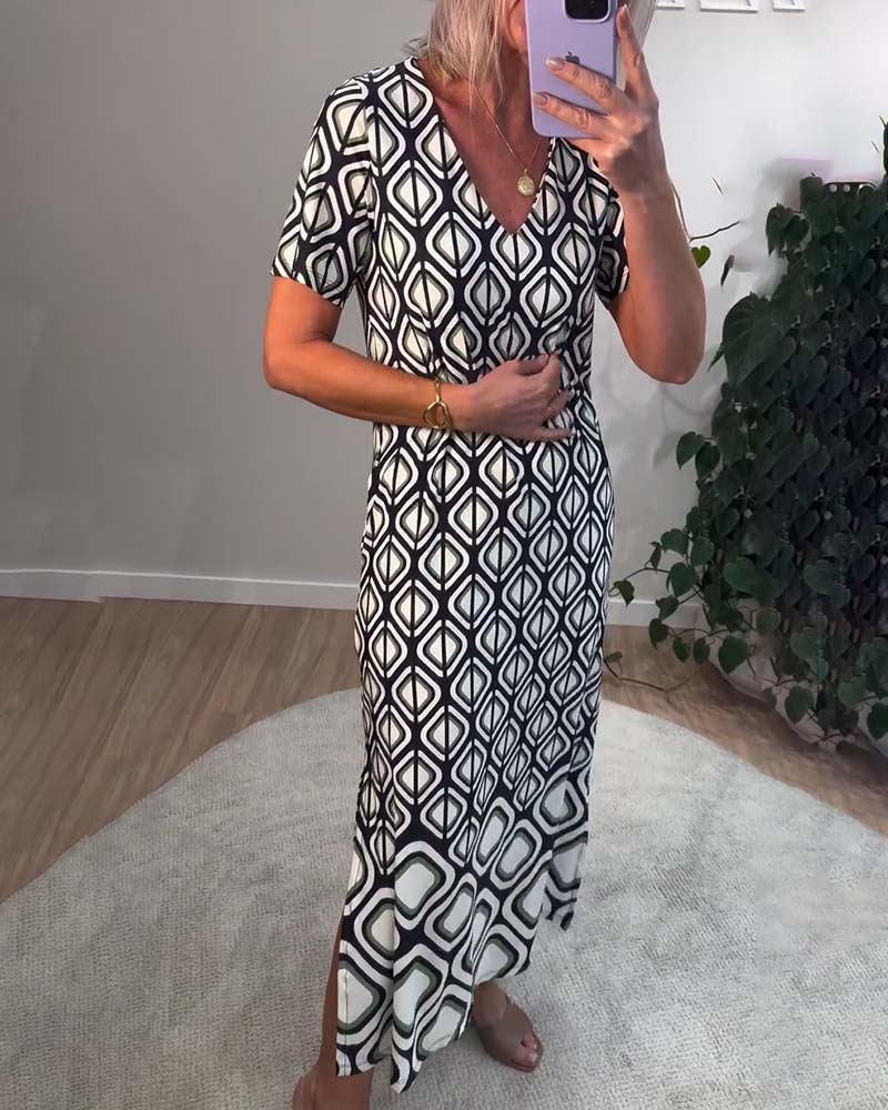 Kleid V-Ausschnitt Geometrisch Kurzärmlig