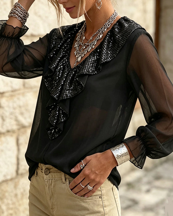 德语 (German) Bluse Stilvoll V-Ausschnitt Spitzenbesatz Sheer
