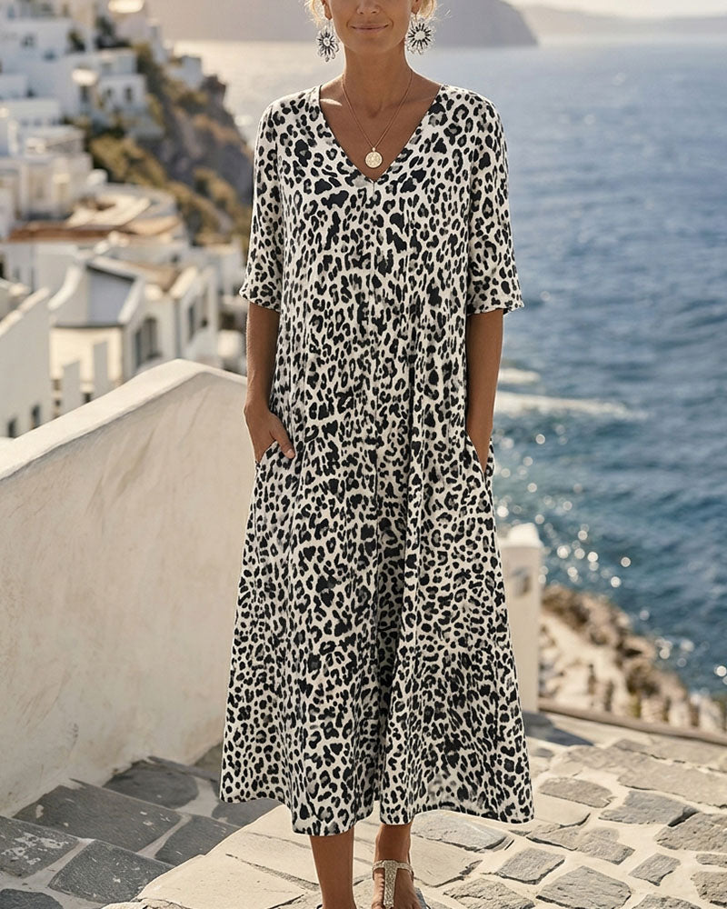 Kleider Leopard V-Ausschnitt Locker