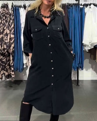 Kleid Revers Tasche Geknöpft Lang Hemd
