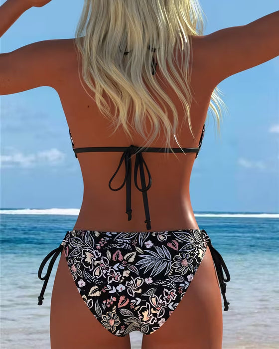 Bikini Blumenmuster Neckholder Binden Zweiteiliger Bikini
