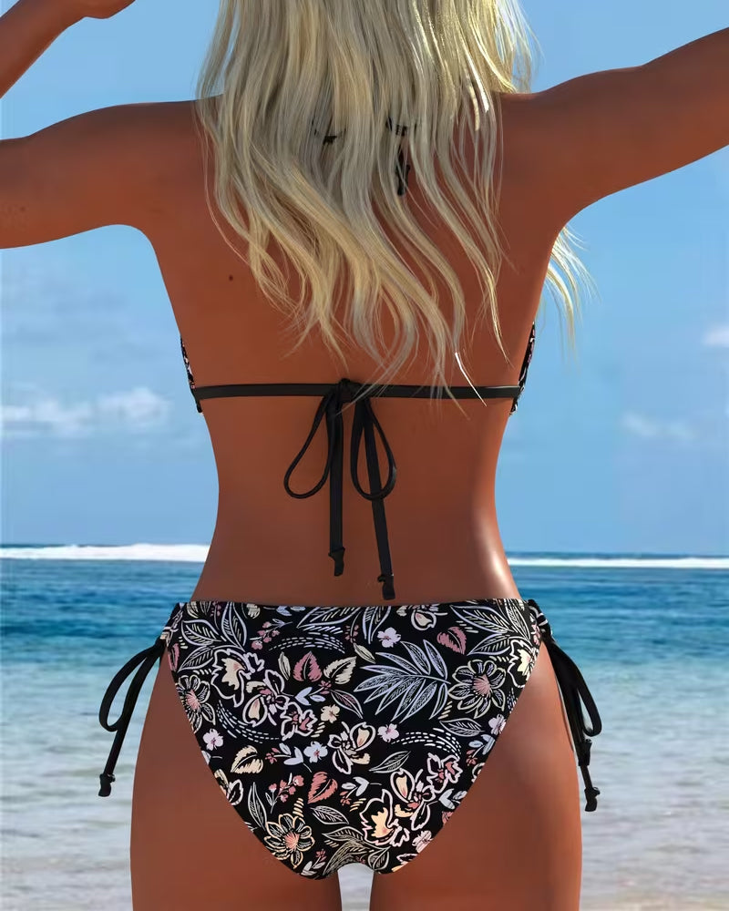 Bikini Blumenmuster Neckholder Binden Zweiteiliger Bikini