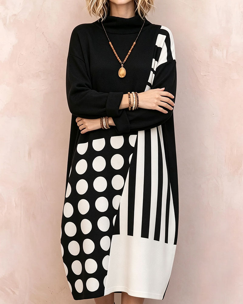 Kleid Patchwork Polka Dot Gestreift Hoher Hals Langarm