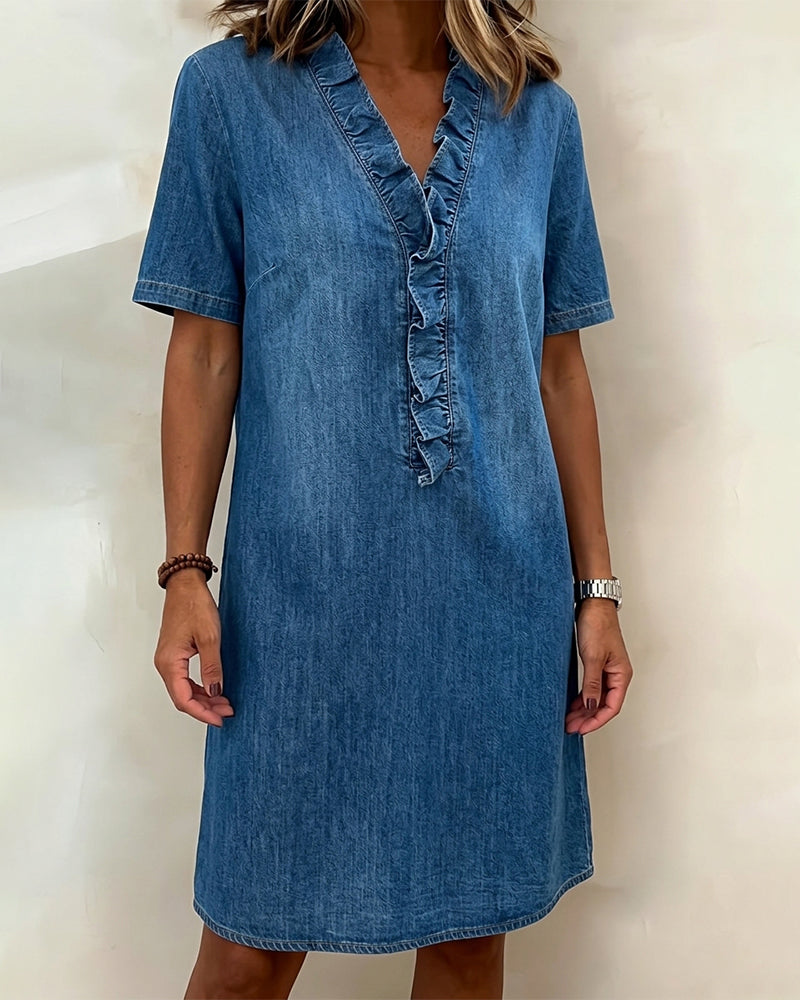 Kleid Denim Rüsche V-Ausschnitt
