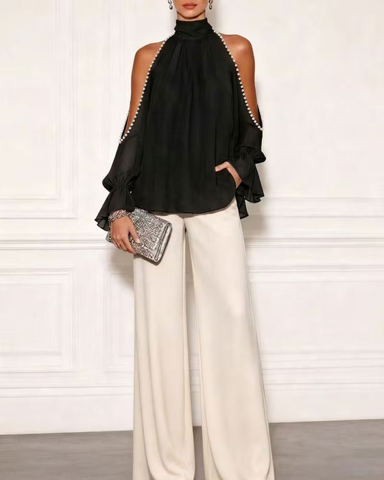 Bluse Rollkragen Off-Shoulder Rüsche