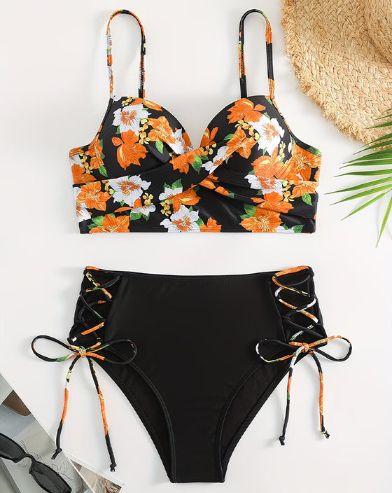Bikini Farbblock Blumenmuster Geraffte Bindung