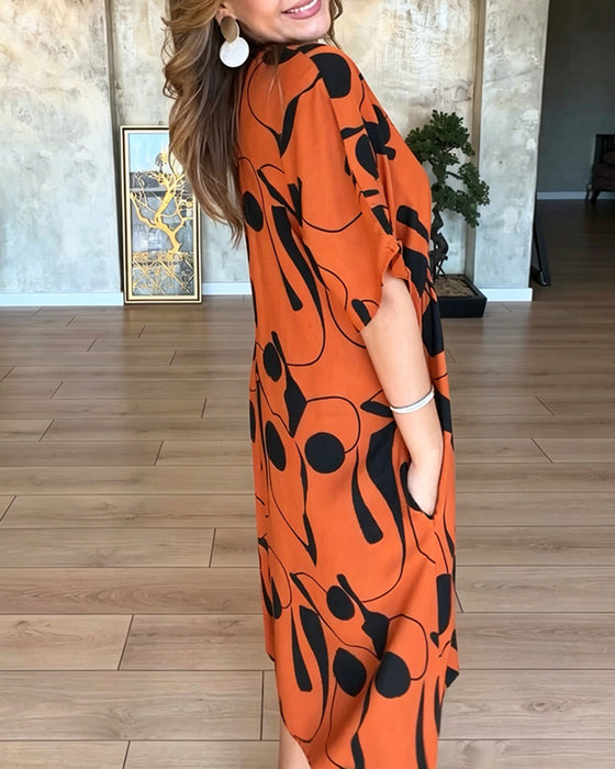 Kleid V-Ausschnitt Knopf Hohe Taille Ausgestellt
