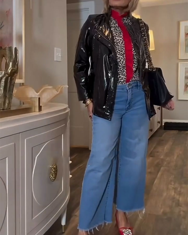 Bluse gerüscht Leopardenprint farbgebockt