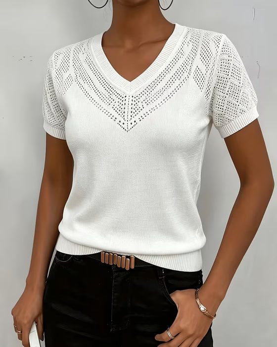 Einfarbige Figurbetonte Pullover Mit V-Ausschnitt Und Lochmuster