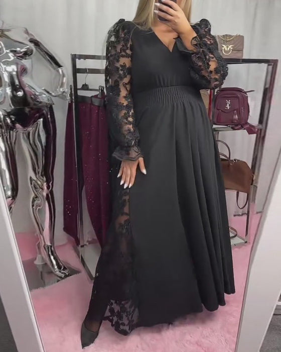 Kleid Spitze Stitching V-Ausschnitt A-Saum