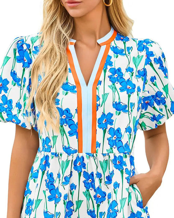 Kleid V-Ausschnitt Blumig Blasenärmel Patchwork