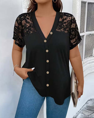 Bluse Spitze Stickerei V-Ausschnitt Holzknopf