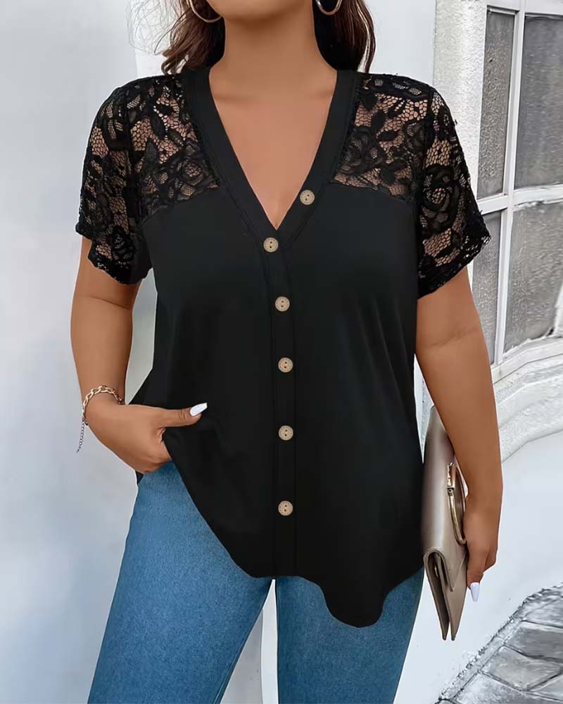 Bluse Spitze Stickerei V-Ausschnitt Holzknopf