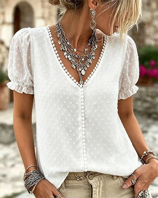 Bluse Jacquard V-Ausschnitt Spitze