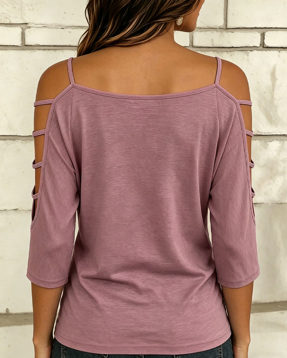 T-Shirt Uni Farbe Ellenbogenlang Ärmel Off-Shoulder