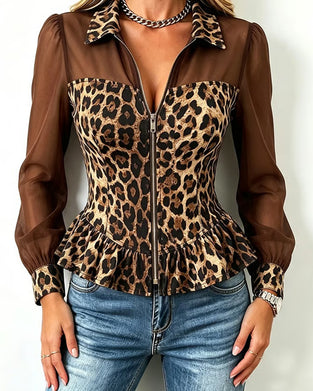 Bluse Leopard Patchwork Revers Reißverschluss Rüsche