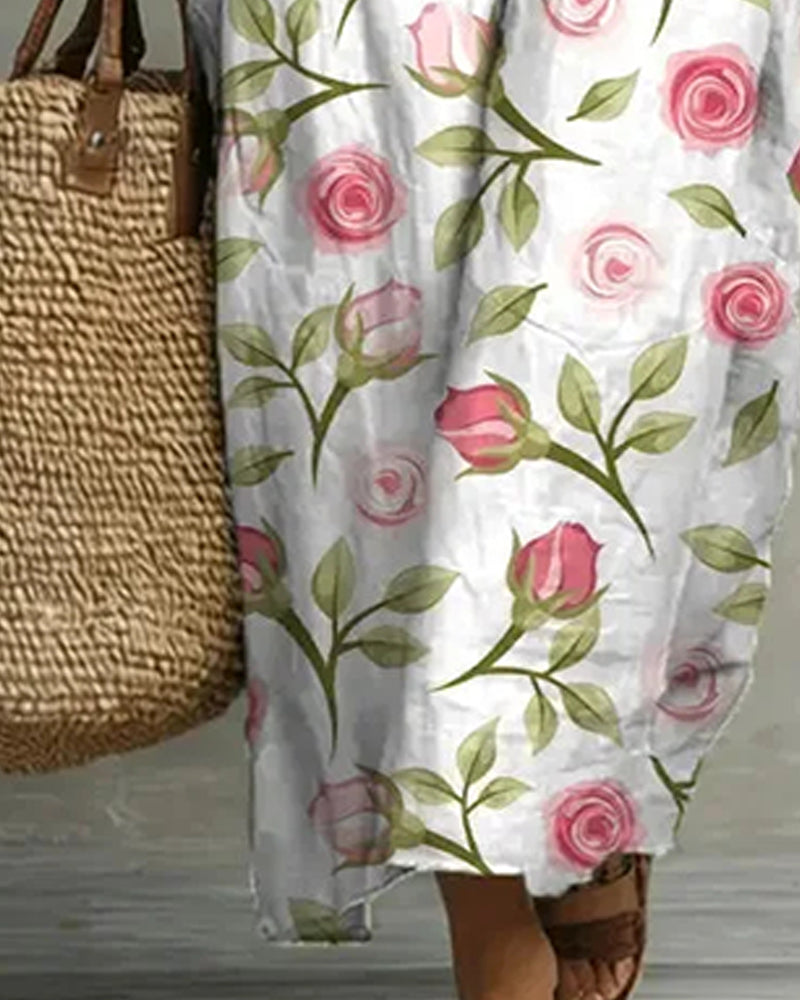 Kleid Rosenprint Rüsche V-Ausschnitt