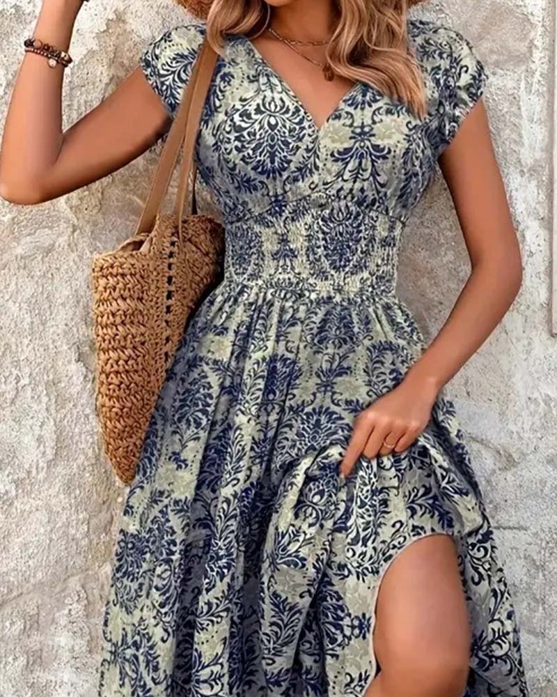 Kleid Retro Print V-Ausschnitt Tailliert Lang