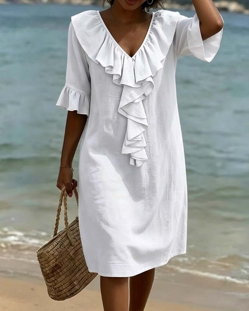 Kleid V-Ausschnitt Rüsche Shift