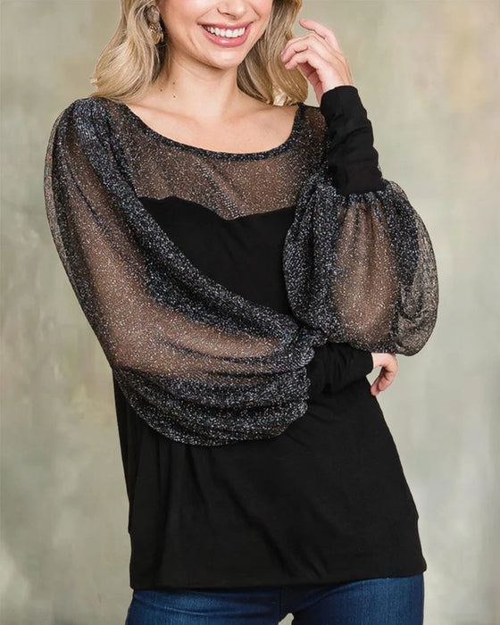 Bluse Sheer Puffärmel Panel Locker