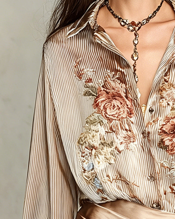 Bluse Revers Blumig Streifen