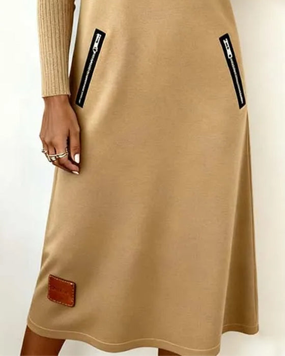 Kleid Revers Reißverschluss Uni A-Linie