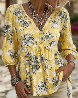 Bluse V-Ausschnitt 3/4 Armel Blumen