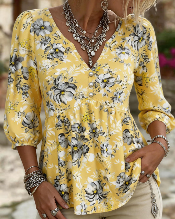 Bluse V-Ausschnitt 3/4 Armel Blumen
