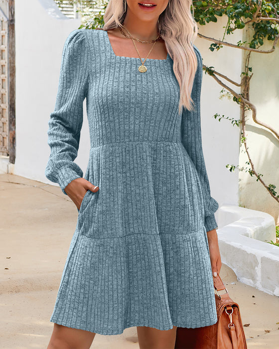 🍂2025 Herbst Neue Kollektion⏰ Damenkleid mit Quadrat-Ausschnitt, Laternenärmeln und Rippstruktur