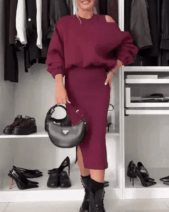 Damen-Set mit schräger Schulter-Sweatshirt und ärmellosem Kleid