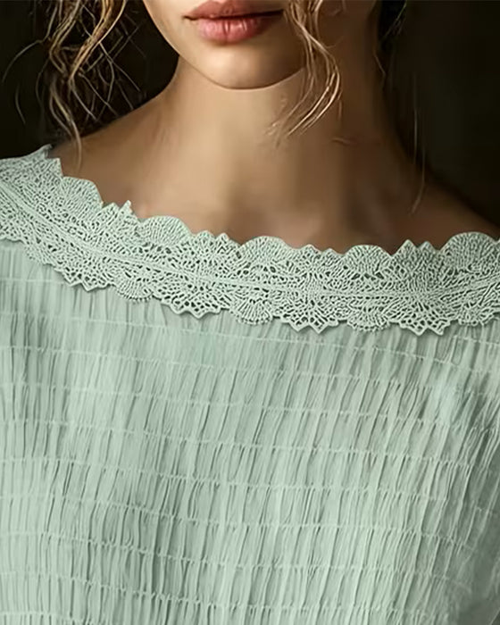 Bluse Rundhals Gerafft Spitze Panel Uni