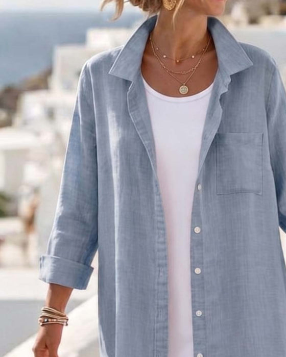 Kleid Revers Knopf Lang Hemd