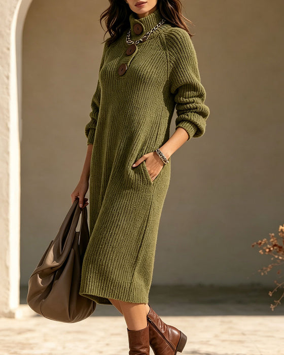 Kleid Rollkragen Knopf Tasche