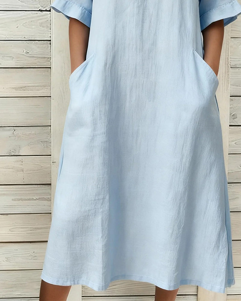 Kleid Leinen Stehkragen Mittel Ärmel