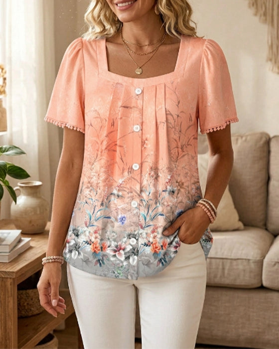 Bluse Quadratischer Ausschnitt Gerafft Druck Franse