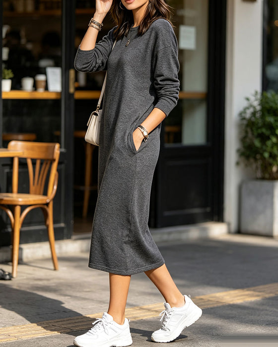 Kleid Rundhals Tasche Einfarbig