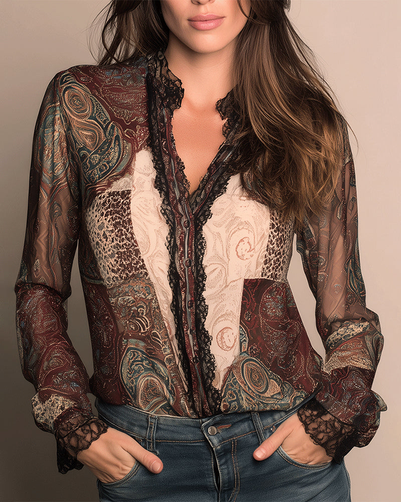 Hemd Retro-Druck Patchwork langärmlig
