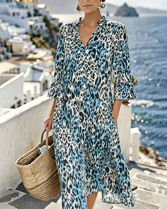 Kleid Rüsche Verlauf V-Ausschnitt Leopard