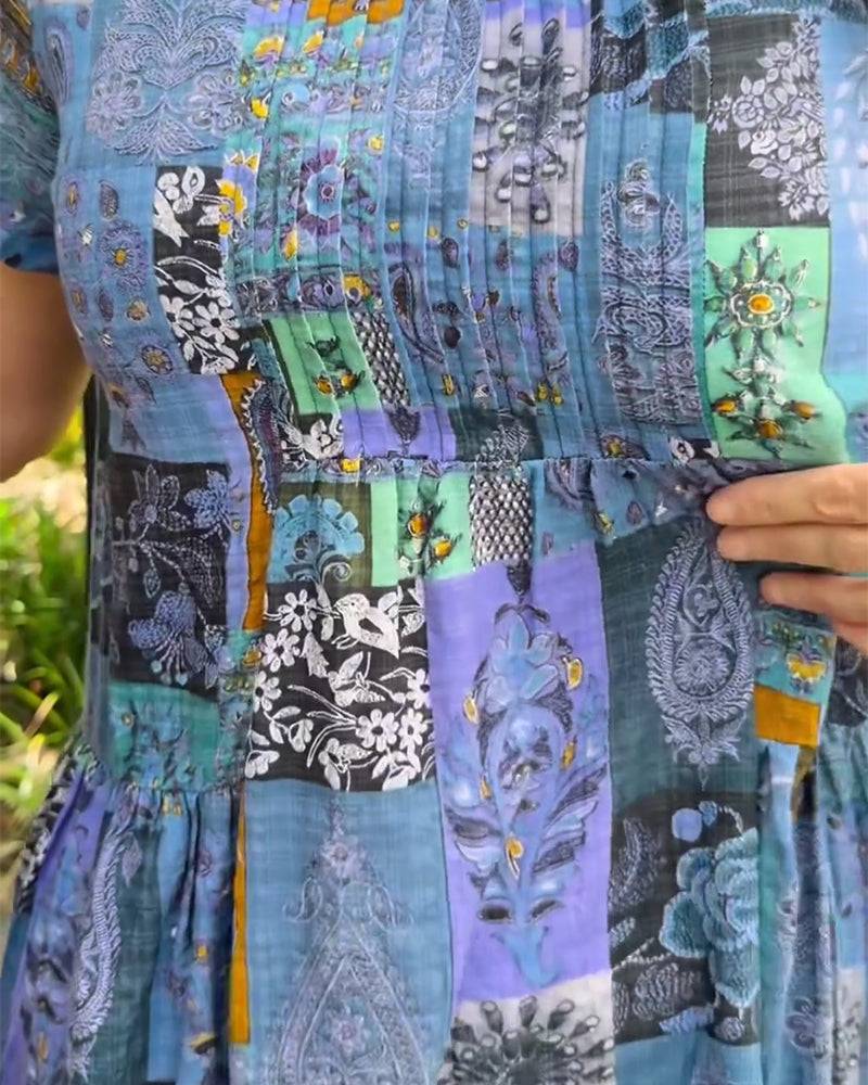 Kleid Rundhals plissiert bedruckt A-Linie