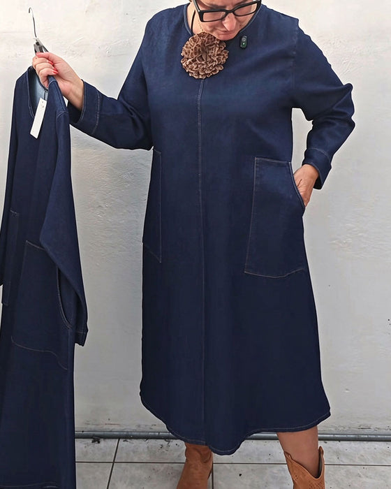 Kleid Rundhals Tasche Gerade Langarm Denim