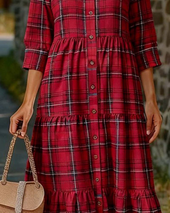 Kleid Plaid Sieben-Viertel Ärmel Gestuft