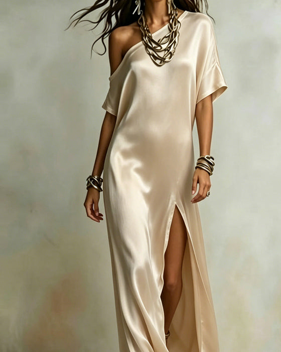 Kleid Satin Ein Schulter Schlitz Maxi