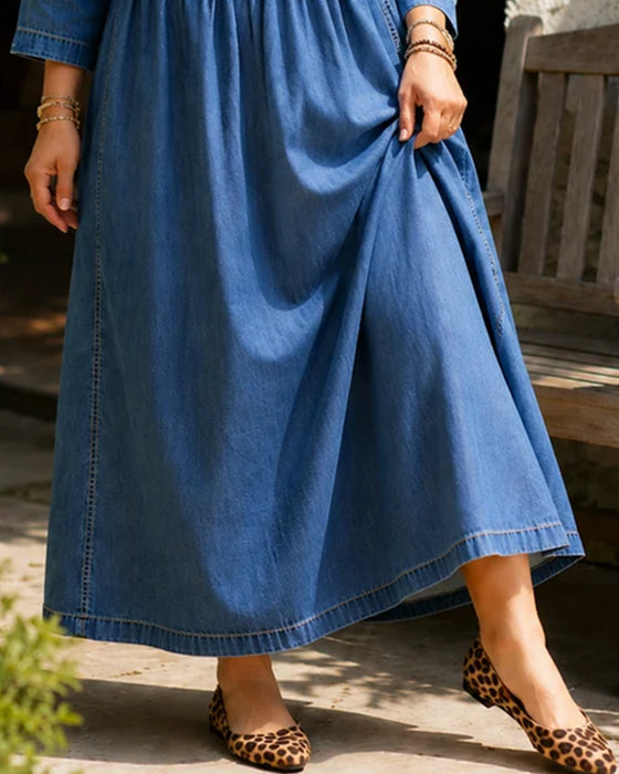 Kleid Rundhals Plissiert Langer Ärmel Denim