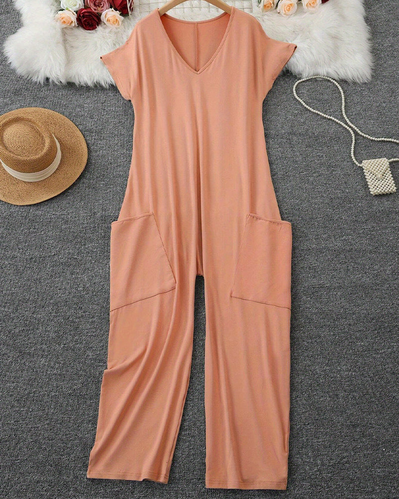 Jumpsuit V-Ausschnitt Kurzarm Weites Bein