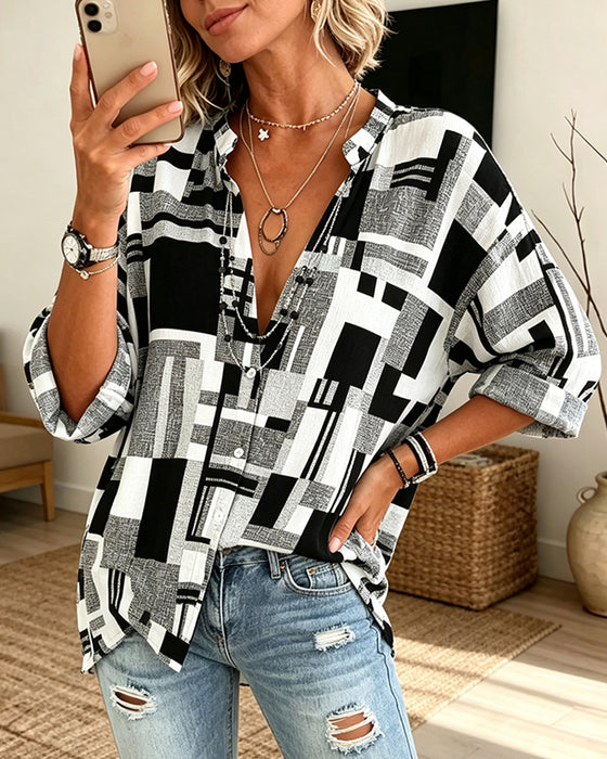 Bluse Geometrischer Druck V-Ausschnitt Locker