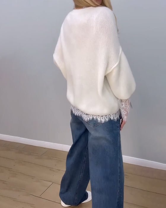 Pullover stylisch gemütlich Spitze Patchwork