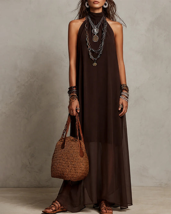 Kleid Halter Hoher Kragen Sheer Lang