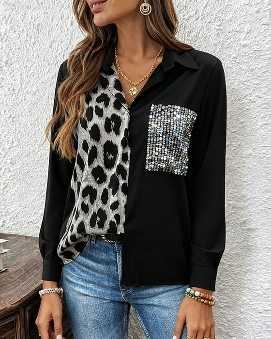 Hemd Leopardenmuster Kontrast Strass
