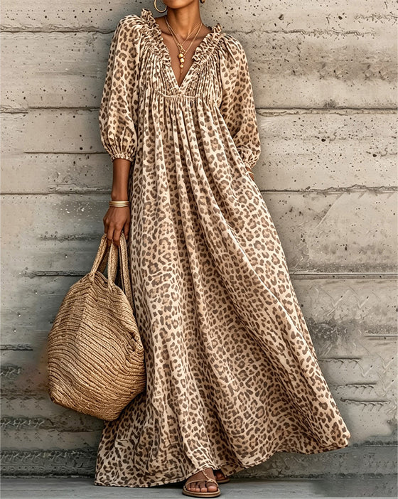 Kleid Leopard Druck V-Ausschnitt Puff Ärmel